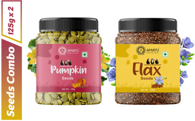 AMAYU Raw Organic Pumpkin Seeds 125g | Flax Seeds for Hair 125g | Weight Loss Pumpkin Seeds, Brown Flax Seeds(2 x 125 g)