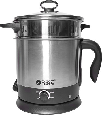 ORBIT Electric Multi Cooker/kettle with Grill Rack, Egg Rack, idli rack,steamer bowl - Travel Cooker(1.5 L, Silver and Black)