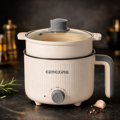 MOOKA Electric Multi Cooker with Glass Lid Adjustable Temperature Control Air Fryer, Egg Boiler, Deep Fryer, Food Steamer, Rice Cooker, Travel Cooker(1.5 L, Cream, GREAY)