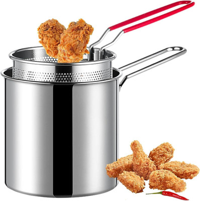 VALAJOGI Stainless Steel Deep Fryer Pot with Basket Long Handle 1800ML Boiling Pot pan Pot 17 cm diameter 1.8 L capacity(Stainless Steel, Non-stick, Induction Bottom)