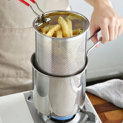BHAJANSHREE Fryer Pan with Strainer Ideal for Fried Chicken, French Fries 1800ML fryer Pot Fry Pan 17 cm diameter 1.8 L capacity(Stainless Steel, Induction Bottom)