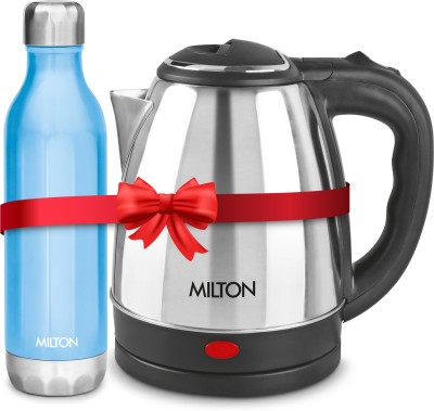 MILTON Go Electro 1.2 L, Silver & Bliss 1100 Water Bottle, 1060 ml Electric Kettle(1200 L, Blue)