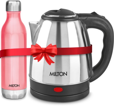 MILTON Go Electro 1.2 L, Silver & Bliss 900 Water Bottle, 790 ml Electric Kettle(1200 L, Pink)