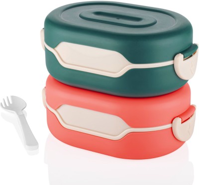 2 Compartment Lunch Box with Spoon & Lid Made with Heavy Plastic Material K3 2 Containers Lunch Box(750 ml)