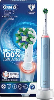 Oral-B Pro 3, 3 Brush Modes, 2 Min Timer, Pressure Sensor,Rechargeable Electric Toothbrush(Light Blue)