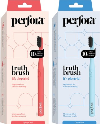 Perfora Electric Toothbrush-001 |90 Day Battery Life|Ultra Soft Dupont Vibrating Bristle Electric Toothbrush(Ocean Blue, Spicy Coral, 2 Brush & 4 Brush Heads, Pack Of 2)