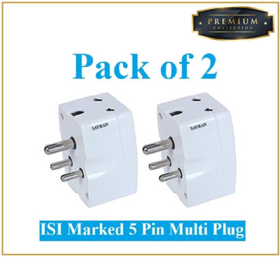 Sauran Pack of 2 Premium Quality 5PIN 16A Multiplug Traveler (PRE82.1) Three Pin Plug(White)