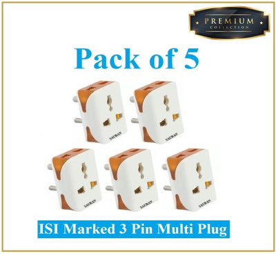 Sauran Pack of 5 Premium Quality 5PIN 6A Multiplug Traveler (PRE78.2) Three Pin Plug(White, Orange)