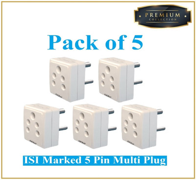 Sauran Pack of 5 Premium Quality 5PIN 6A Multiplug Traveler (PRE72.2) Three Pin Plug(White)