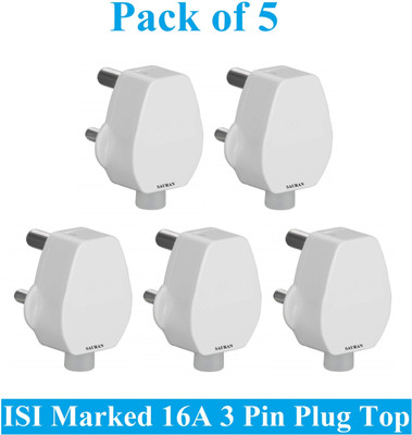 Sauran Pack of 5 16A Heavy Brass 3 Pin Top Electric Plug ESP56 Heat Resistive Three Pin Plug(White)