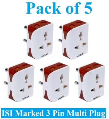 Sauran Pack of 5 Pieces 3 Pin Travel Electrical Multi Socket 6 A Adaptor Plug (ESP96) For Home, Office etc. Three Pin Plug(White, Red)