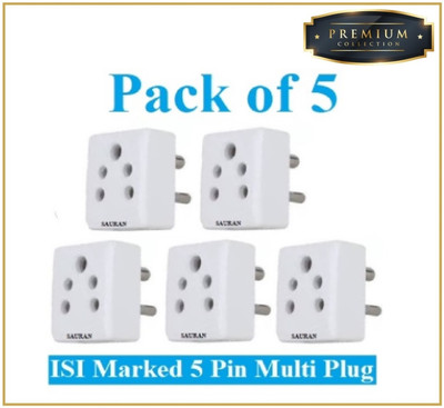 Sauran Pack of 5 Premium Quality 5PIN 6A Multiplug Traveler (PRE80.2) PRE80.2 Three Pin Plug(White)