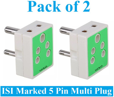 Sauran Pack of 2 Pieces 5 Pin Multiplug Travel Adapter (ESP95) For Home, Office etc. Three Pin Plug(White, Green)