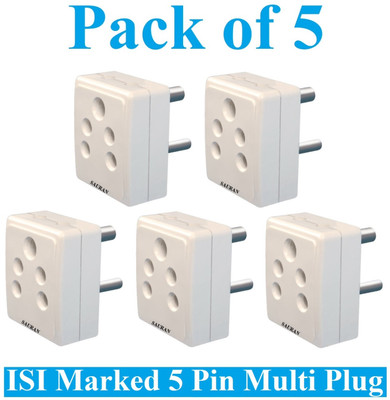 Sauran Pack of 5 5PIN 6A Indian Multiplug, TRAVELLER Plug (ESP91) For Home, Office etc. Three Pin Plug(White)