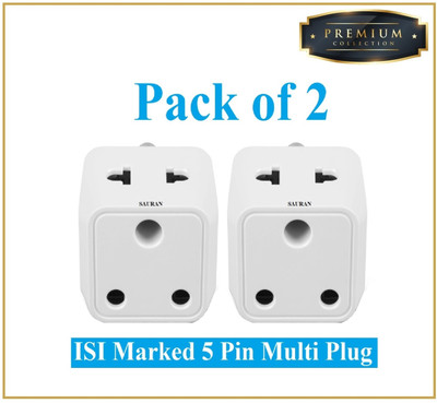 Sauran Pack of 2 Premium Quality 5PIN 16A Multiplug Traveler (PRE83.1) Three Pin Plug(White)