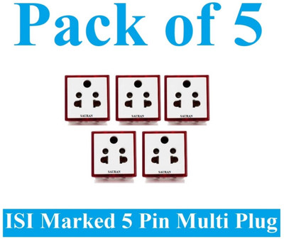 Sauran Pack of 5 Pieces 5 Pin Multiplug With Universal Conversion (ESP100) For Home, Office etc. Three Pin Plug(White, Red)