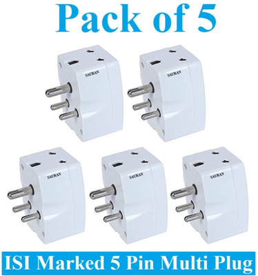 Sauran Pack of 5 Convertor Plug 6A to 16A International Conversion Multiplug (ESP101) (5amp to 15amp) with Three 6 amp 3 Pin Outlets Three Pin Plug(White)