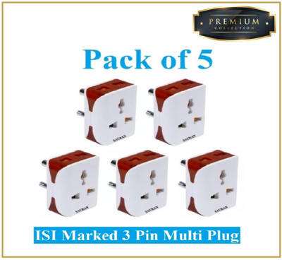 Sauran Pack of 5 Premium Quality 5PIN 6A Multiplug Traveler (PRE77.2) Three Pin Plug(White, Red)