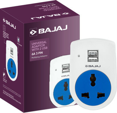 BAJAJ 11008 6A 3 PIN UNIVERSAL ADAPTOR WITH 2 USB Three Pin Plug(White)