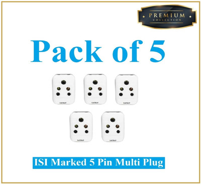 Sauran Pack of 5 Premium Quality 5PIN 6A Multiplug Traveler (PRE79.2) Three Pin Plug(White)
