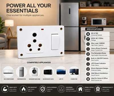 PRELECTRICALS SSC1 Pranay Combined Box With 16 AMP and 6 AMP Socket and Switch With Indicator Power Plug(White)