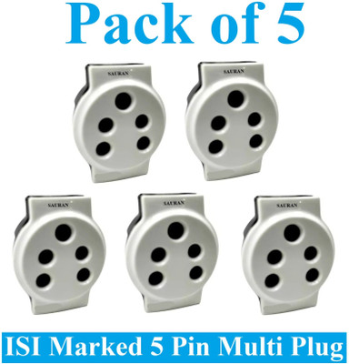 Sauran Pack of 5 Pieces 5 Pin Multiplug Socket Universal Travel Adaptor (ESP94) For Home, Office etc. Three Pin Plug(White, Black)