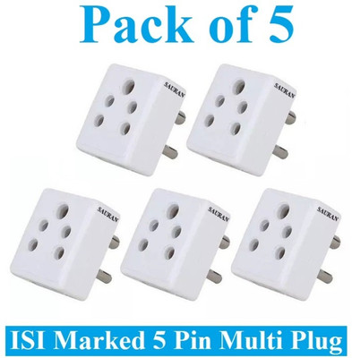 Sauran Pack of 5 Pieces 5 Pin Multiplug Socket Universal Travel Adaptor (ESP93) For Home, Office etc. Three Pin Plug(White)