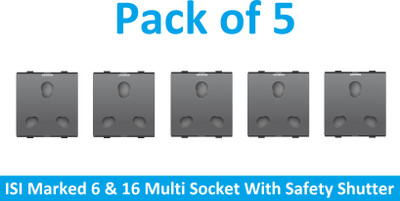 Sauran Pack of 5 Black 6 & 16 Multi Socket Safety Shutter (EAP116.2) 230 A Three Pin Socket
