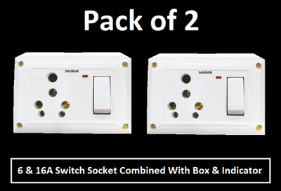 Sauran Pack of 2 6 & 16A Switch Socket Combined With Box & Indicator (EAP140.1) 16 A Six Pin Socket
