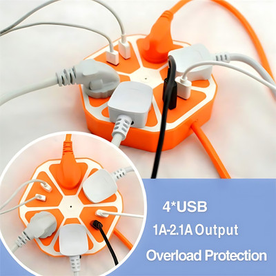 Vedara ® 4 Way USB Hexagon Extension Board 1.8M 4 Sockets + 4 USB Ports 10 A Three Pin Socket
