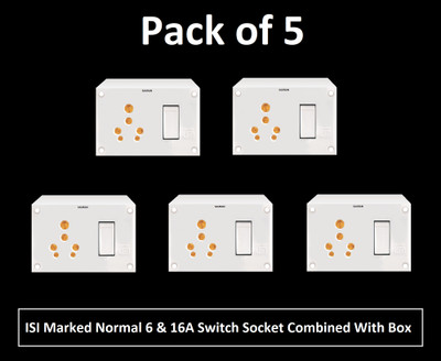 Sauran Pack of 5 6 & 16A Switch Socket Combined With Box & Indicator (EAP164.2) 16 A Six Pin Socket
