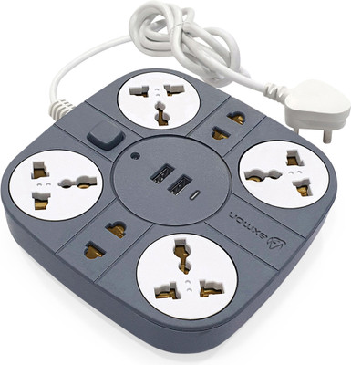 Axmon Extension Cord with 2 USB Charging Ports and 6 Socket - 10 Amp Heavy Duty Multiplug Extension Board for Multiple Devices Smartphone Tablet Laptop Computer - Grey 10 A Three Pin Socket