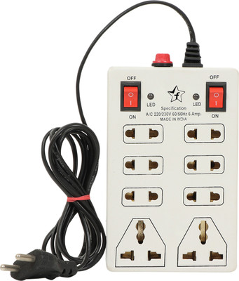 Flipkart SmartBuy 8+2 Mini Strip Extension Cord|2 Switch|Safety Fuse & 8 socket|2 Meter Cord Wire 6 A Two Pin Socket