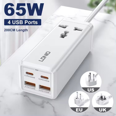 FLUDDER 5 in 1 Super Charger 65W 2 USB Ports, 2 PD Type C Ports with 1 Power Socket 15 A Five Pin Socket