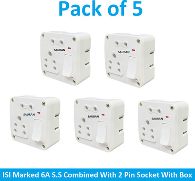 Sauran Pack of 5 ISI Marked 6A S.S Combined With 2 Pin Socket With Box (EAP188.2) 6 A Five Pin Socket