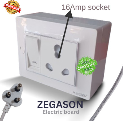 ZEGASON Heavy socket board with (16Amp socket) copper wire | 3 pin plug & 1switch 12 A Three Pin Socket