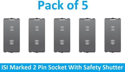 Sauran Pack of 5 Black 2 Pin Socket With Safety Shutter (EAP114.2) 6 A Two Pin Socket