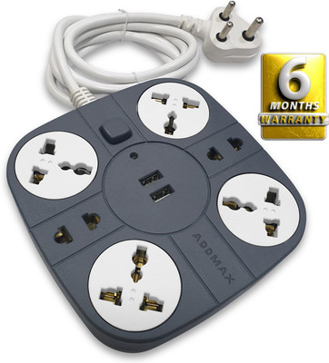 Addmax USB Extension Cord – 6 socket Outlet with 2 USB Port Multi Plug Extension Board 6  Socket Extension Boards(Grey, 1.8 m, With USB Port)