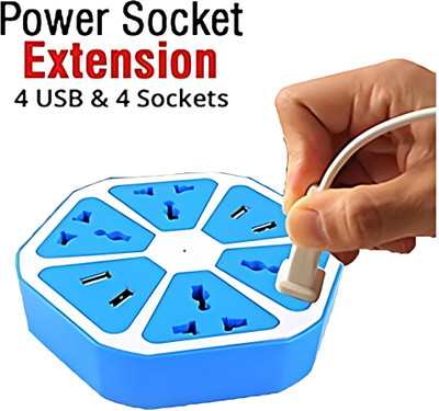 Vedara ® Hexagon Extension Cord 1.8M With 4 USB Port and 4 Socket USB Hub 4  Socket Extension Boards(Blue, 1.8 m, With USB Port)