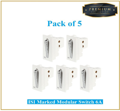 Sauran Pack of 5 Premium Quality Silver 6amp Modular Switch (PRE14.2) 6 A One Way Electrical Switch(Pack of 6 Number of Switches - 5)