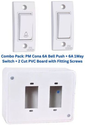 PM Cona WAWA 6A Bell Push (9011) + 6A 1Way Switch (9001)+ Non Modular PVC Board 6 A One Way Electrical Switch(Pack of 3 Number of Switches - 2)