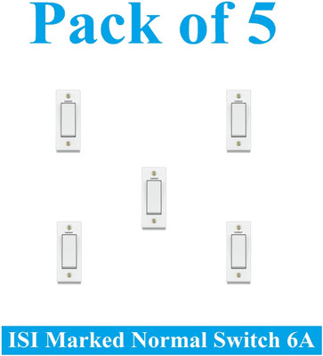 Sauran Pack of 5 Pieces 6amp ISI Marked Modular Switch White (ESP14) 6 A One Way Electrical Switch(Pack of 1 Number of Switches - 5)