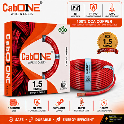 CabONE Lite 1.5 Sqmm CCA Copper Wire | 90m | Single Core | FR PVC Insulated | Domestic 1.5 sq/mm Red 300 ft. Wire(Red)
