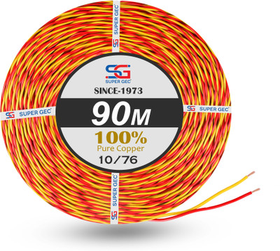 SUPER GEC 10/76 Flexible 2 Core Electric Wire | FR PVC Pure Copper 0.25 sq/mm Yellow, Red 90 m Wire(Red & Black)