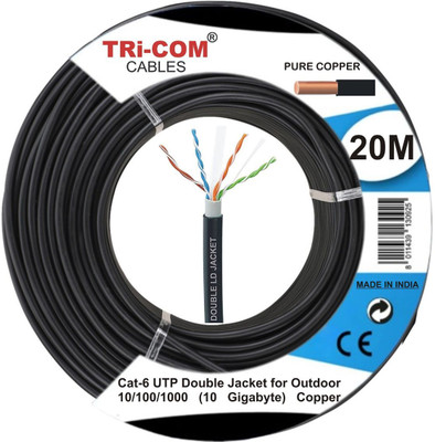 TRICOM Copper 650MHz PoE++ RJ45 UTP Cat-6/Fluke Tested DOUBLE OUTER JACKET(10 Gigabit) 1 sq/mm Black 20 m Wire(Black)