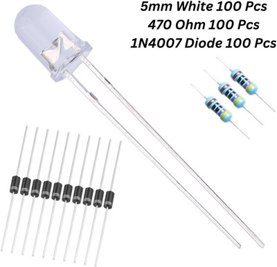 Charohm 100 Pcs 5mm White LED, 100 Pcs 1N4007 Diode and 100 Pcs 470 Ohm 1/4W Resistor Electronic Components Electronic Hobby Kit
