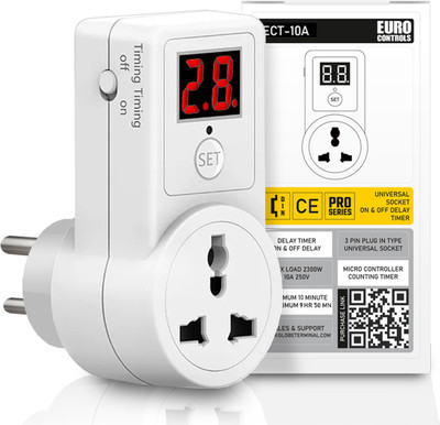 EURO ECT10A Socket Type 10 A On or Off Delay Timer - Universal Socket - 3 Pin 220V AC Programmable Electronic Timer Switch(White)