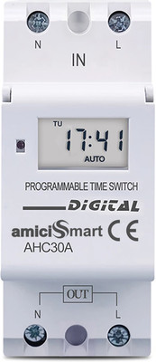 amiciSmart Digital Relay in-Built 7 Days Schedule, DIN Rail Mounted, 220V, 30A Programmable Electronic Timer Switch(White)
