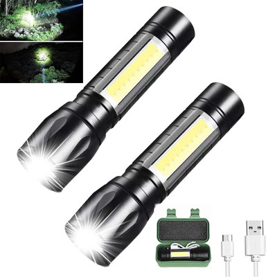 CRENTILA (Pack of 2) Mini-Rechargeable.Pocket Light Zoom COB USB Charging Led Water Proof 8 hrs Torch Emergency Light(Black)