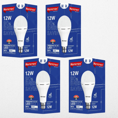 Henonex 12W Emergency Bulbs Pack of 4 | Rechargeable Backup Lighting for Power Cuts 4 hrs Bulb Emergency Light(White)
